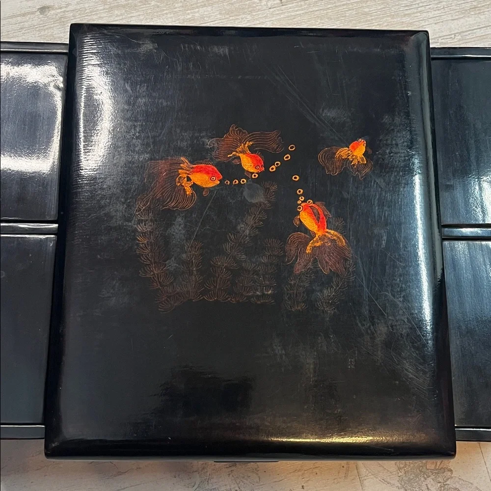 Vintage Chinoiserie Lacquer Vanity Set Goldfish Design